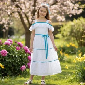 Vintage 80s Kids Tiered Prairie Dress Girls 10 Maxi Eyelet Lace Ruffle Baby Doll